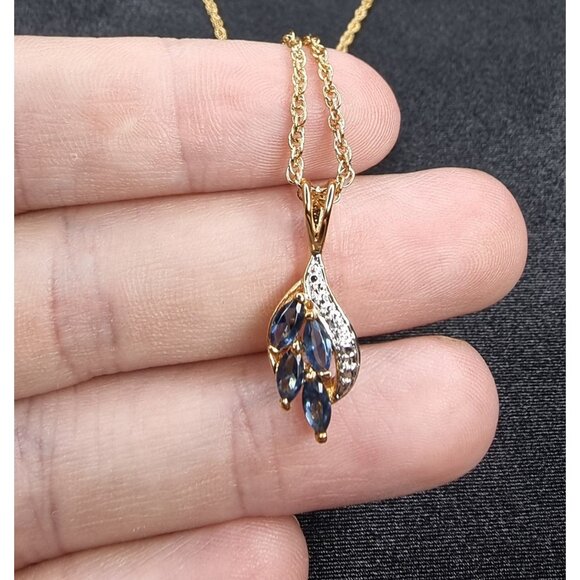 Vintage 1990s Gold Plated Jewelry Set With Blue Gemstone Pendant Necklace - Picture 7 of 9